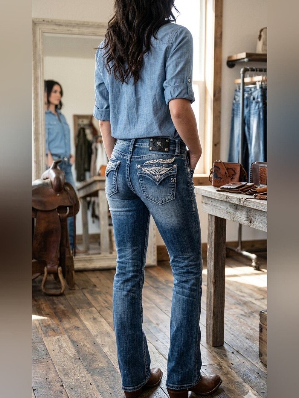 Miss Me Distressed Blue Bootcut Jeans with Embroidered Pockets
